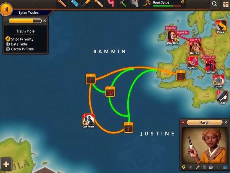 Royal Spice Heritage Dominion strategy map showing trade routes